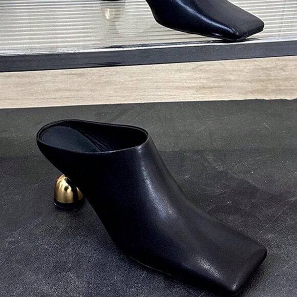 Women's Gold metal Heel Square Toe Slip-On High Heels Mules Shoes Black - Picture 2 of 4